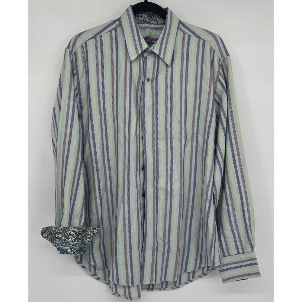 Robert Graham Shirt Mens Blue Green Striped Flip‎ Cuff Paisley Long Sleeve Large